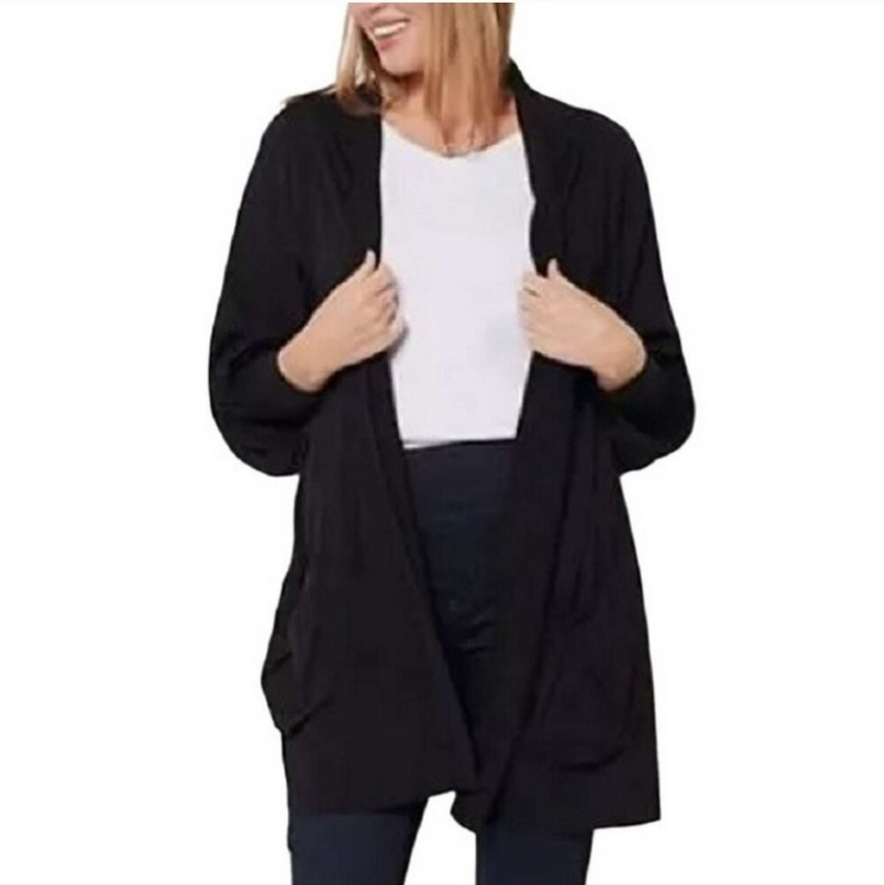 Truth & Style Black Open Front Swing Cardigan Mixed Media Cinched Waist 3X